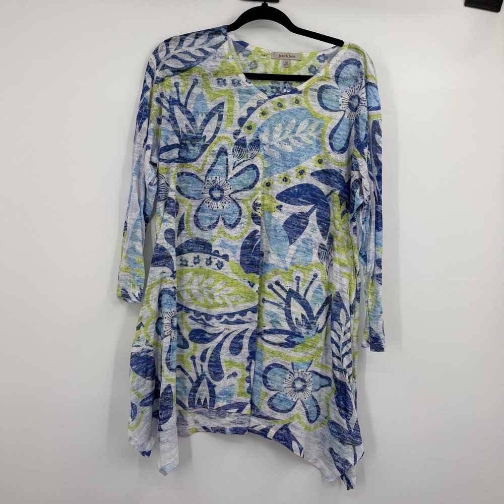 Jess Jane Tunic Top Womens 1X Blue V-Neck Tropical Floral Beaded Relaxed